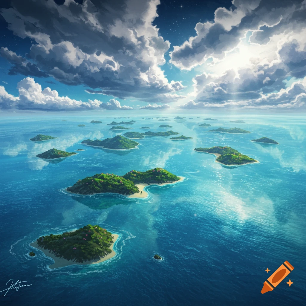 An aerial view of a vast blue ocean dotted with numerous green, tree-covered islands under a bright, cloud-filled sky with sun rays.