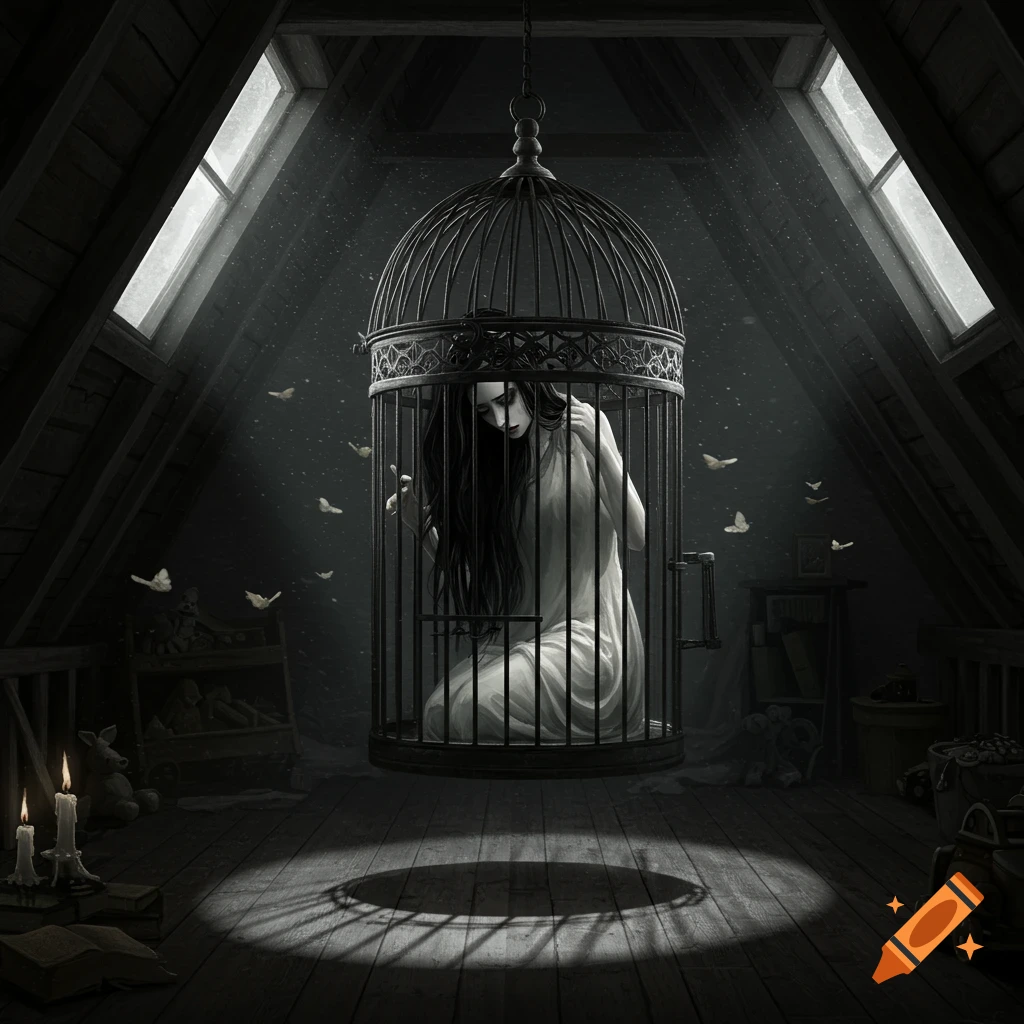 A sad woman with long dark hair kneels inside a large birdcage in a shadowy attic, illuminated by light from windows. Dark fantasy illustration.