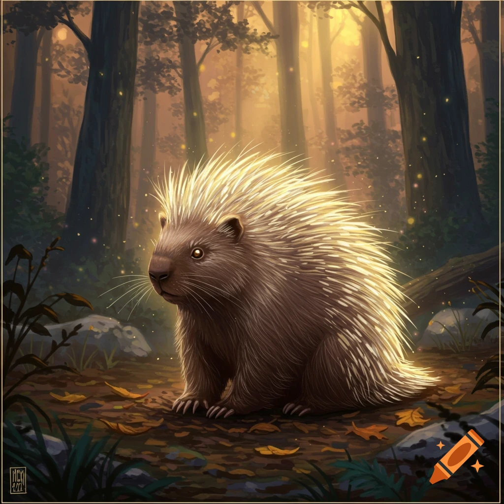 A glowing porcupine sits in a sunlit fantasy forest, surrounded by fireflies and fallen leaves.