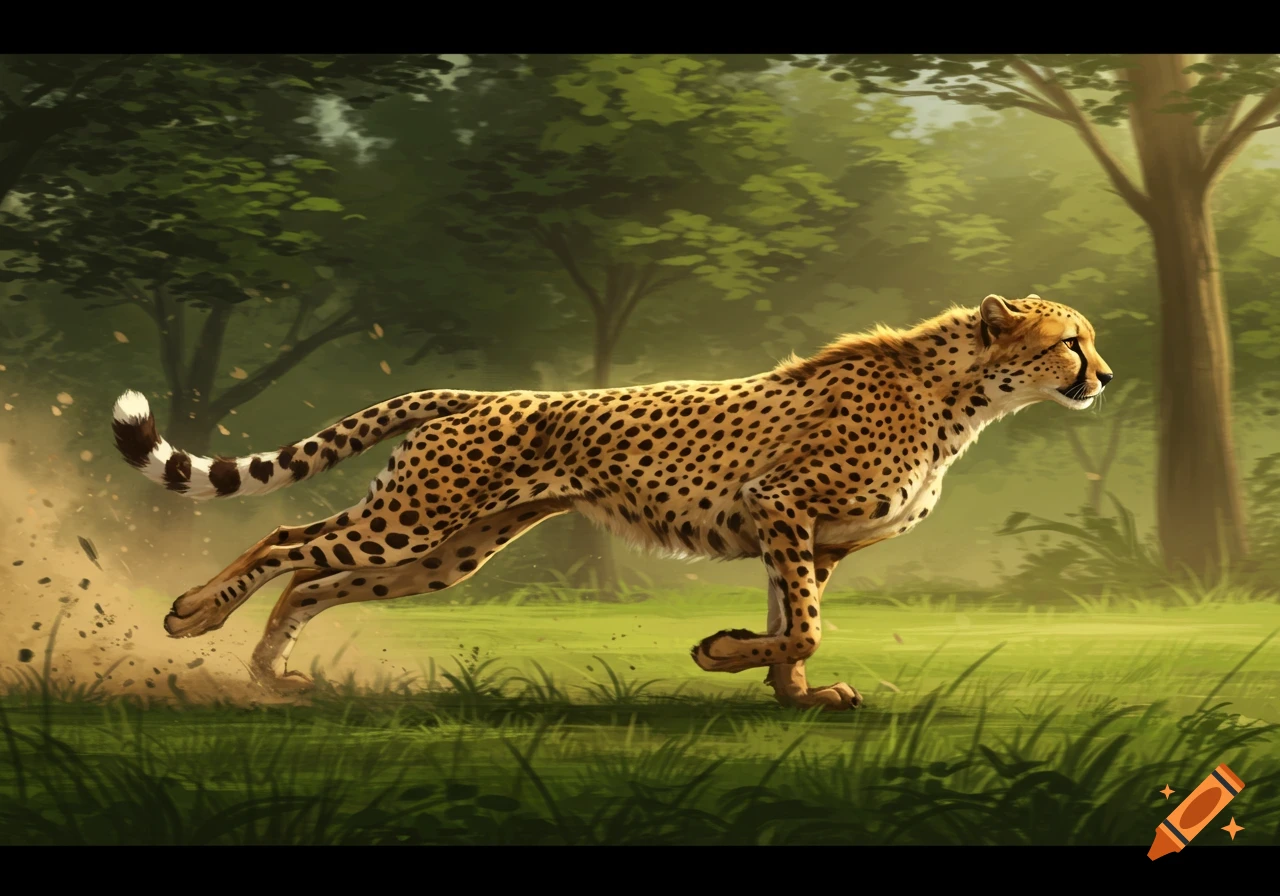 A cheetah runs quickly through a grassy forest, kicking up dust in an illustration.