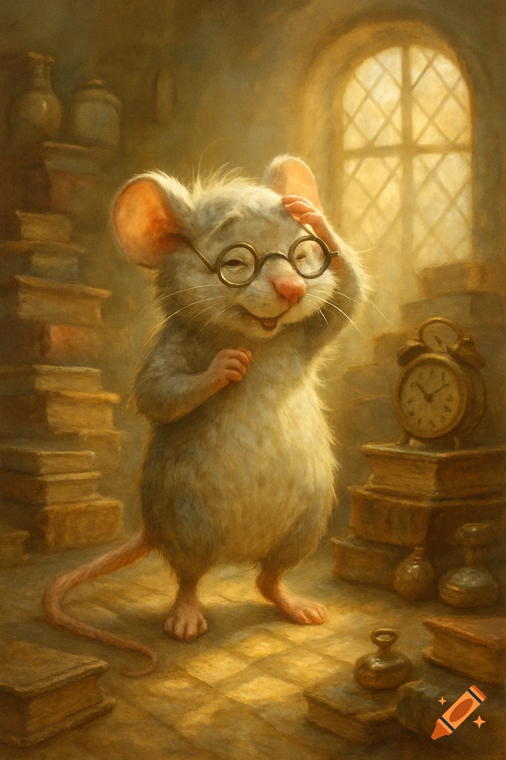 A happy, gray anthropomorphic mouse with glasses smiles while scratching its head, standing in a warm-toned library with stacks of books and an arched window.