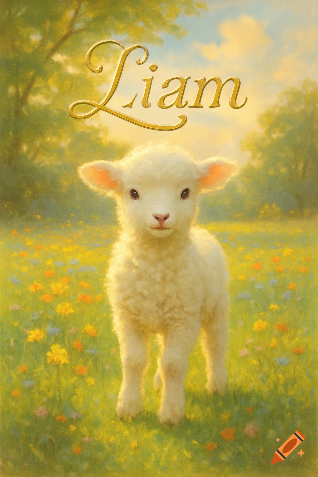 A fluffy white lamb stands in a sunny field of wildflowers with the golden name 'Liam' above its head, painted in a soft, ethereal style.