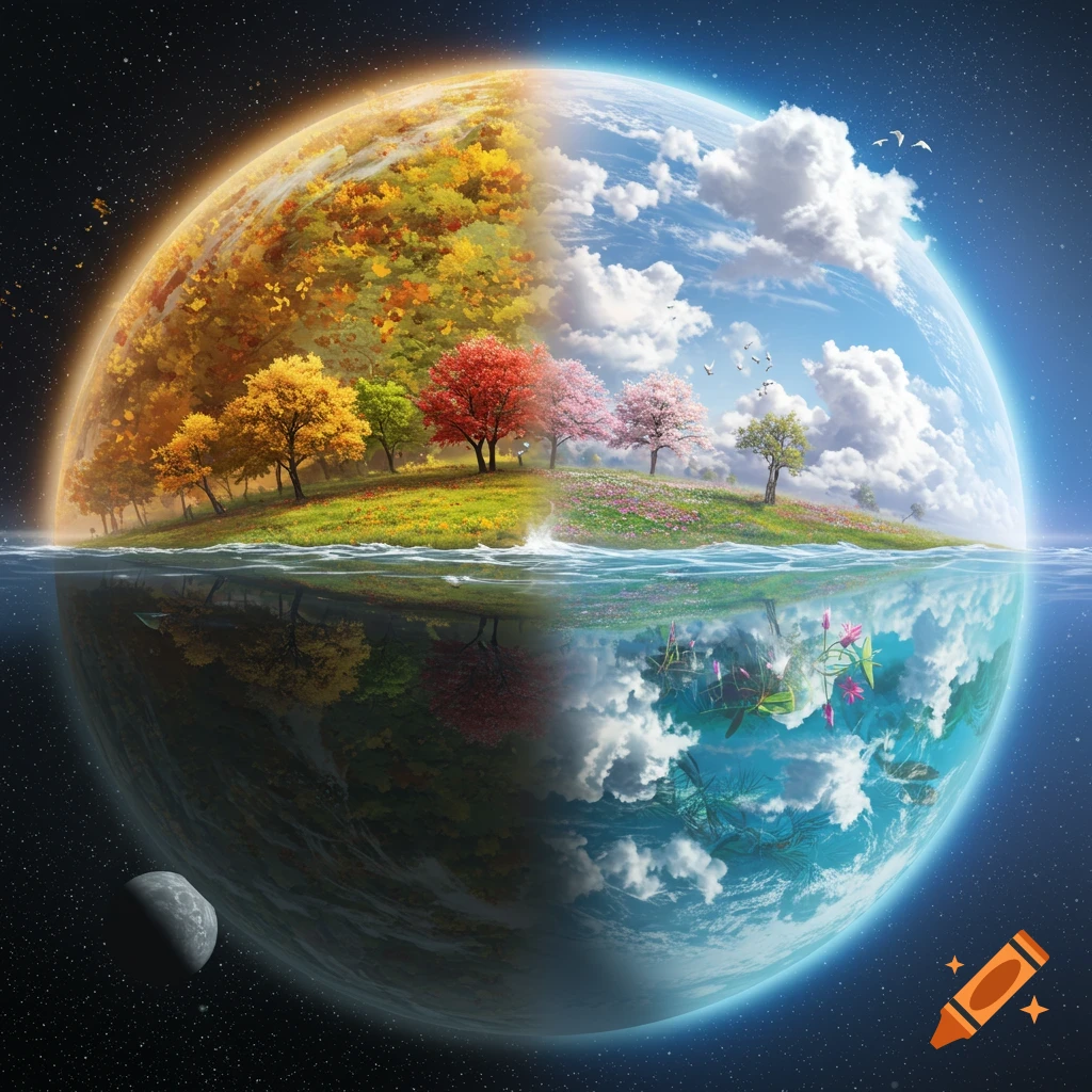 A fantasy planet split, showing autumn colors on one side and lush spring with clouds and clear water reflecting below, in space.