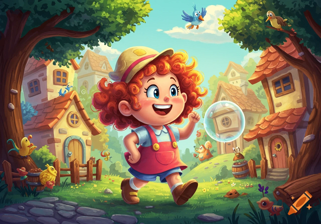 A cheerful cartoon girl with curly red hair, wearing a hat and overalls, runs happily on a cobblestone path. She is smiling and looking at a large bubble in front of her. The whimsical background features colorful,storybook-style houses, lush green trees, and small cartoon birds and creatures.
