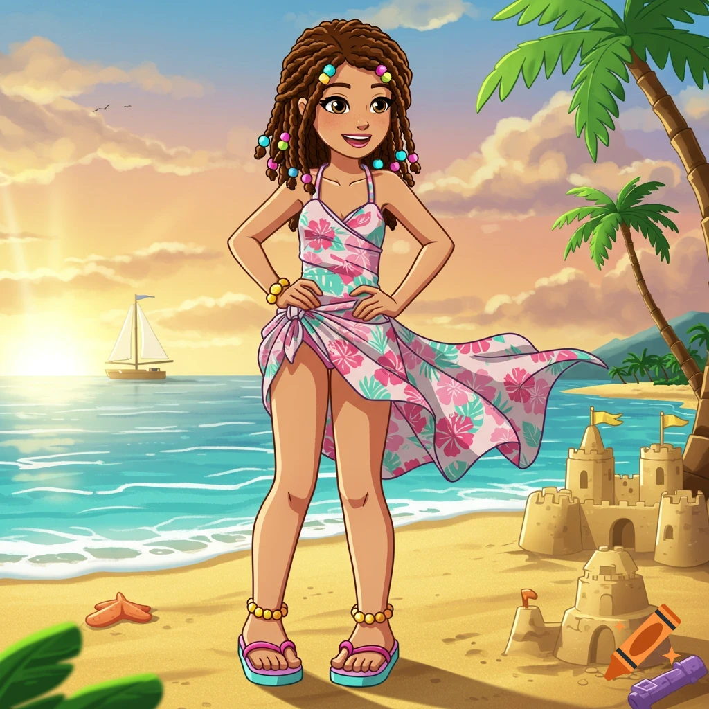 A cartoon girl with dreadlocks and colorful beads wears a floral swimsuit wrap on a beach with sandcastles and a sunset.