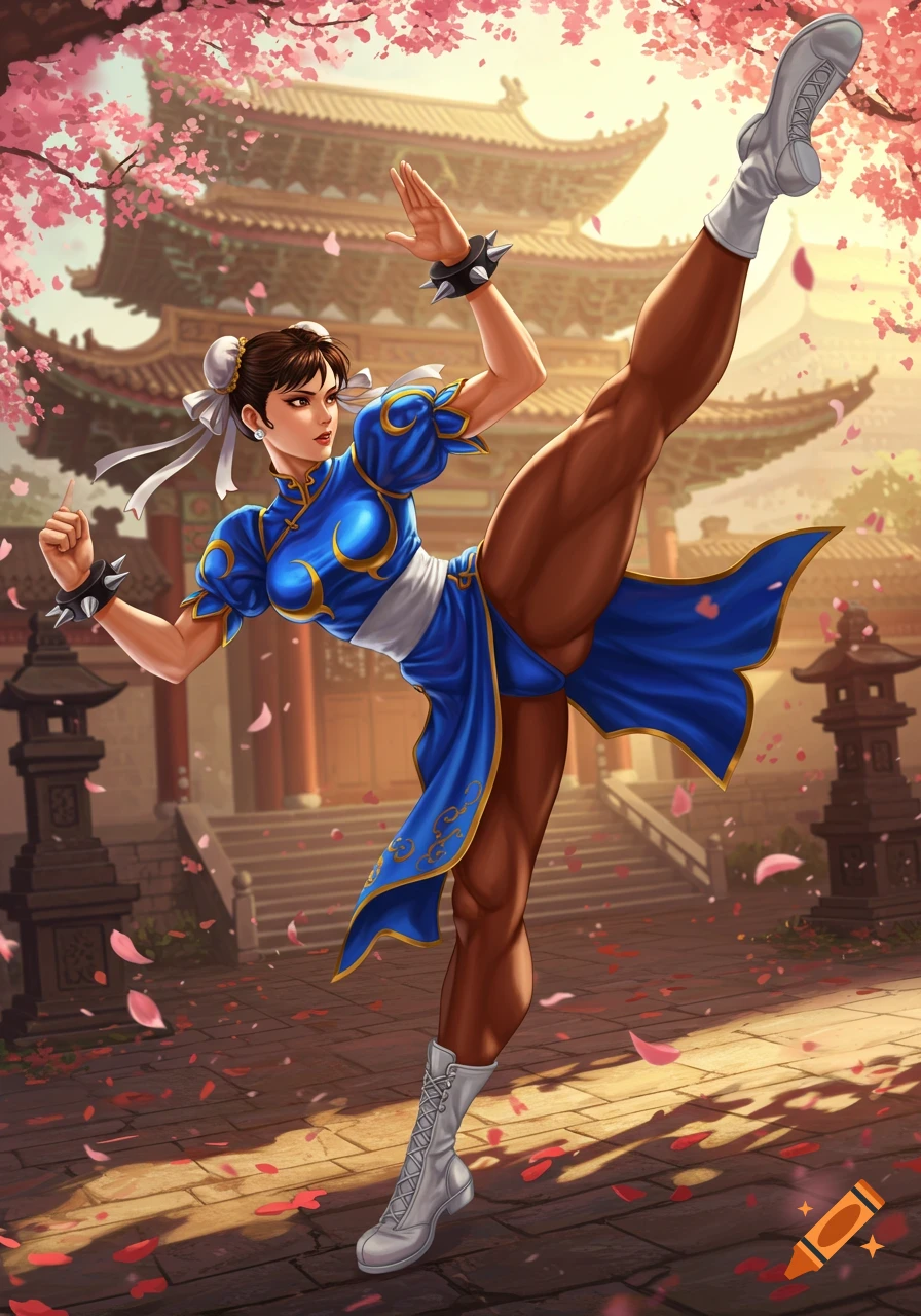 Chun-Li, a female martial artist from Street Fighter, performs a high kick in a vibrant illustration with cherry blossoms and a temple background.