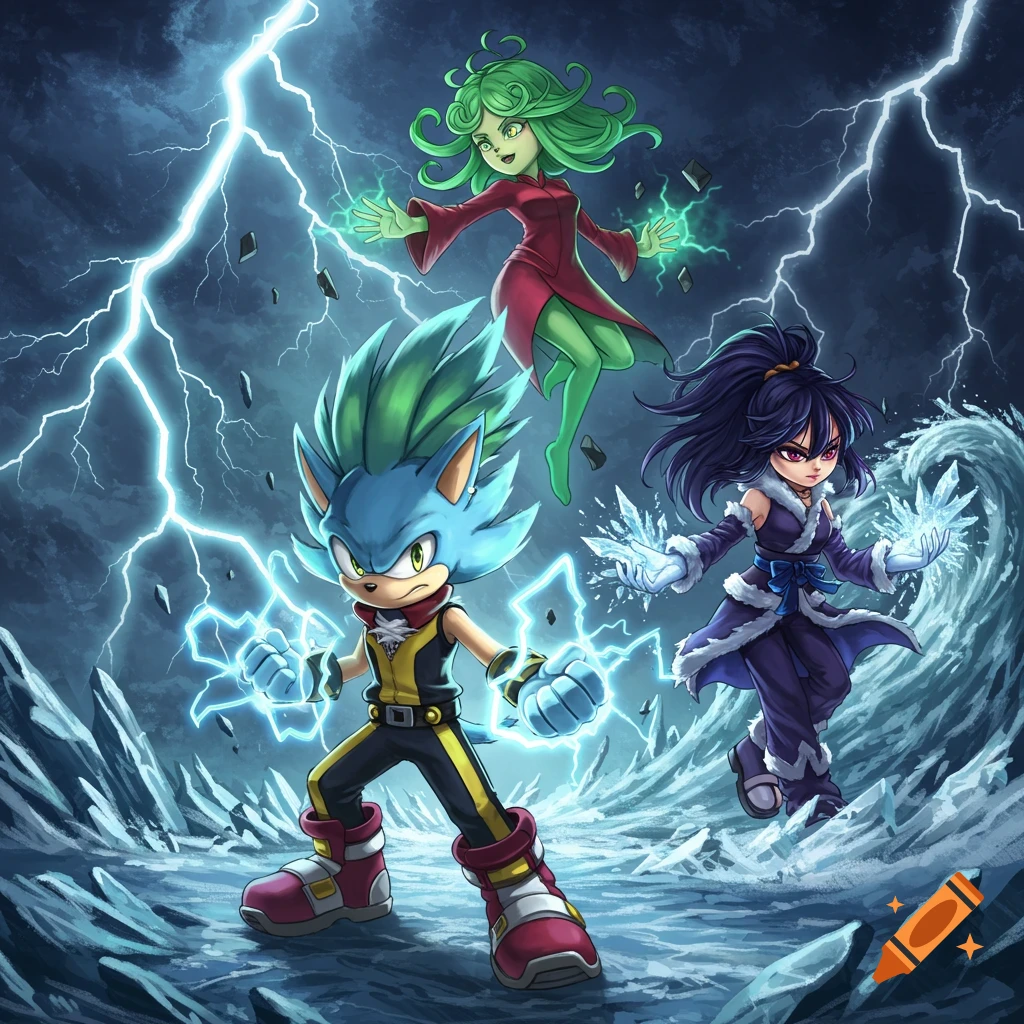 Three stylized characters, one resembling a blue hedgehog, wield lightning, telekinesis, and ice in a dynamic, storm-filled landscape.