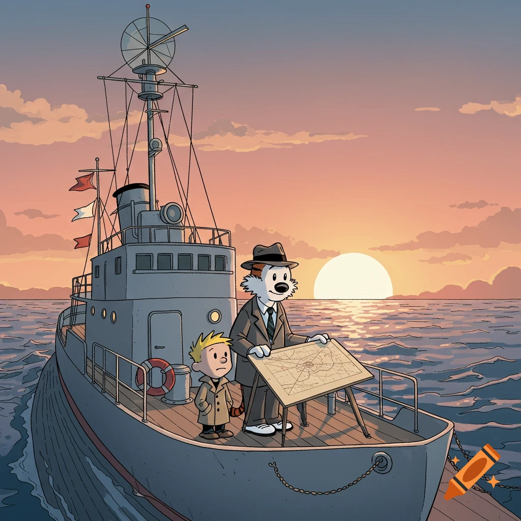 Calvin and Hobbes depicted as Blake and Mortimer characters on a boat, looking at a map at sunset.