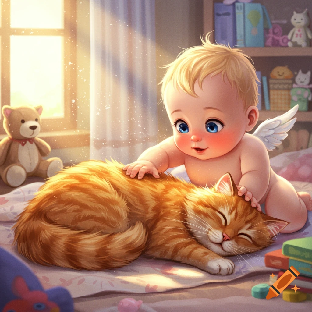 A cute baby with blonde hair and blue eyes, wearing tiny wings, gently pats a sleeping orange tabby cat on a bed in a bright room.