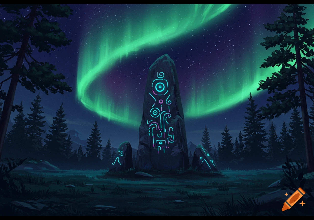 A dark fantasy landscape at night with glowing runestones under a vibrant green aurora borealis and a starry sky.