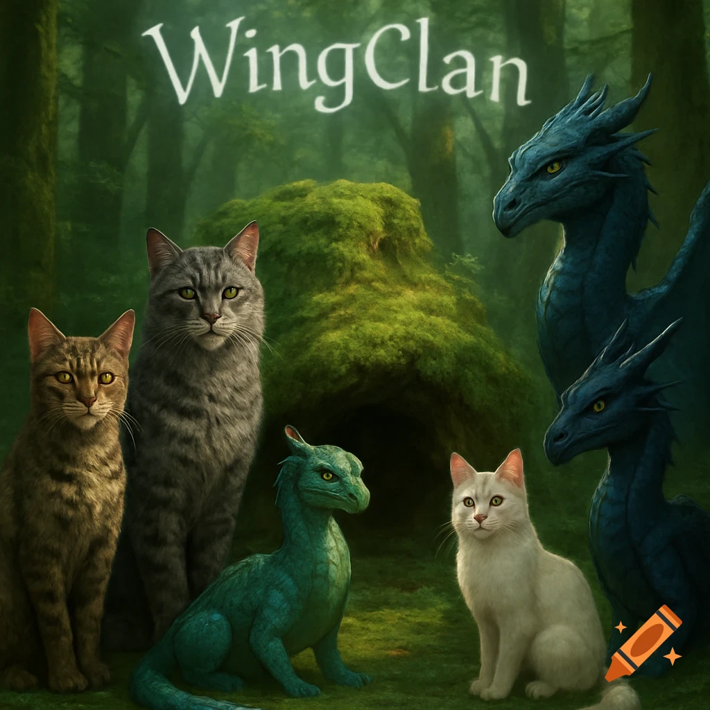Four cats and two dragons stand in a lush mossy forest with a den. The words 'WingClan' are at the top.