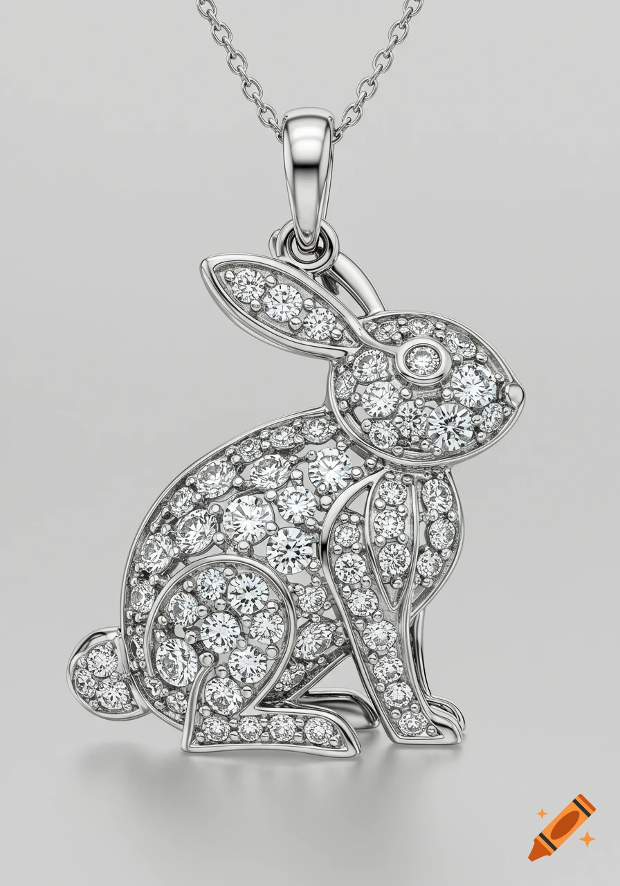 A sparkling diamond-encrusted rabbit pendant hangs from a silver chain on a gray background.