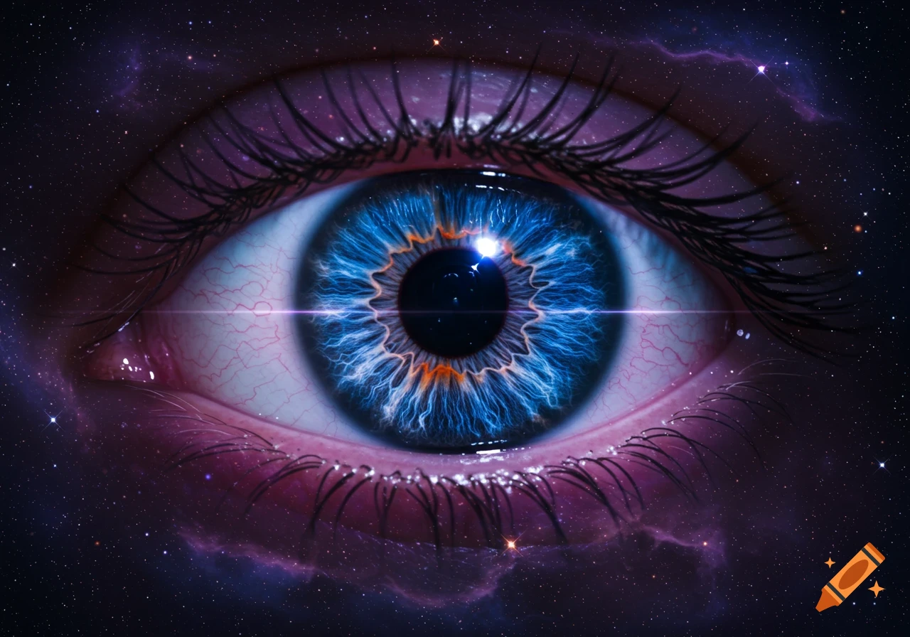 A close-up of a vibrant blue and orange eye, glowing with light, set against a dark purple cosmic background with stars and nebula-like clouds.