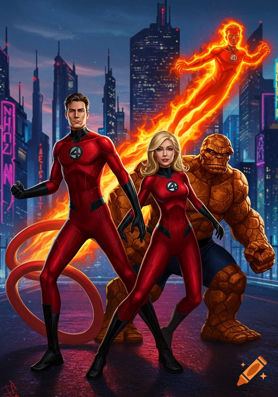 A stylized illustration of the Fantastic Four superheroes, including Mister Fantastic, Invisible Woman, Human Torch, and The Thing, in red suits standing in a futuristic city at night.