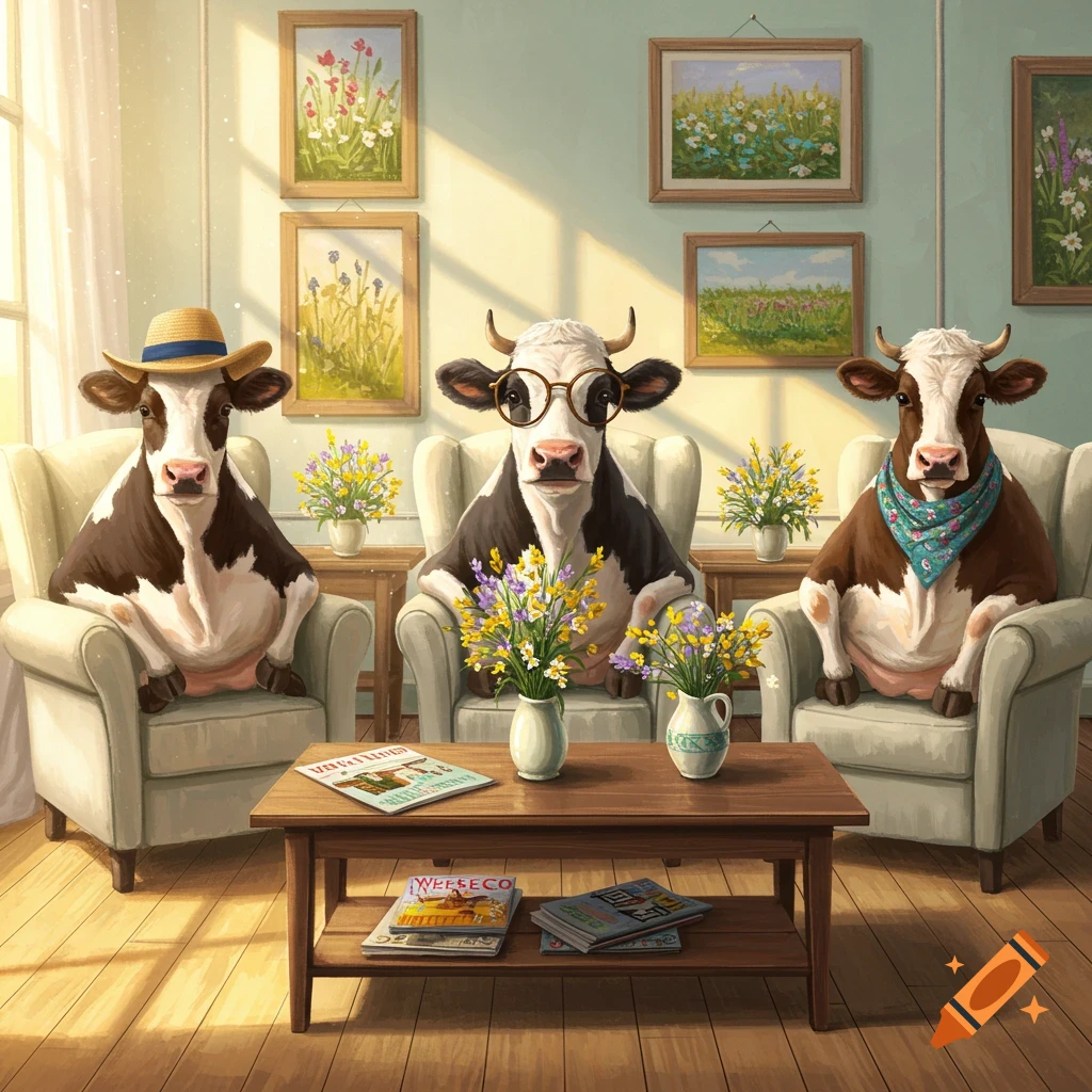 Three anthropomorphic cows sitting in armchairs in a sunlit living room. One wears a straw hat, another has glasses, and the third wears a bandana.