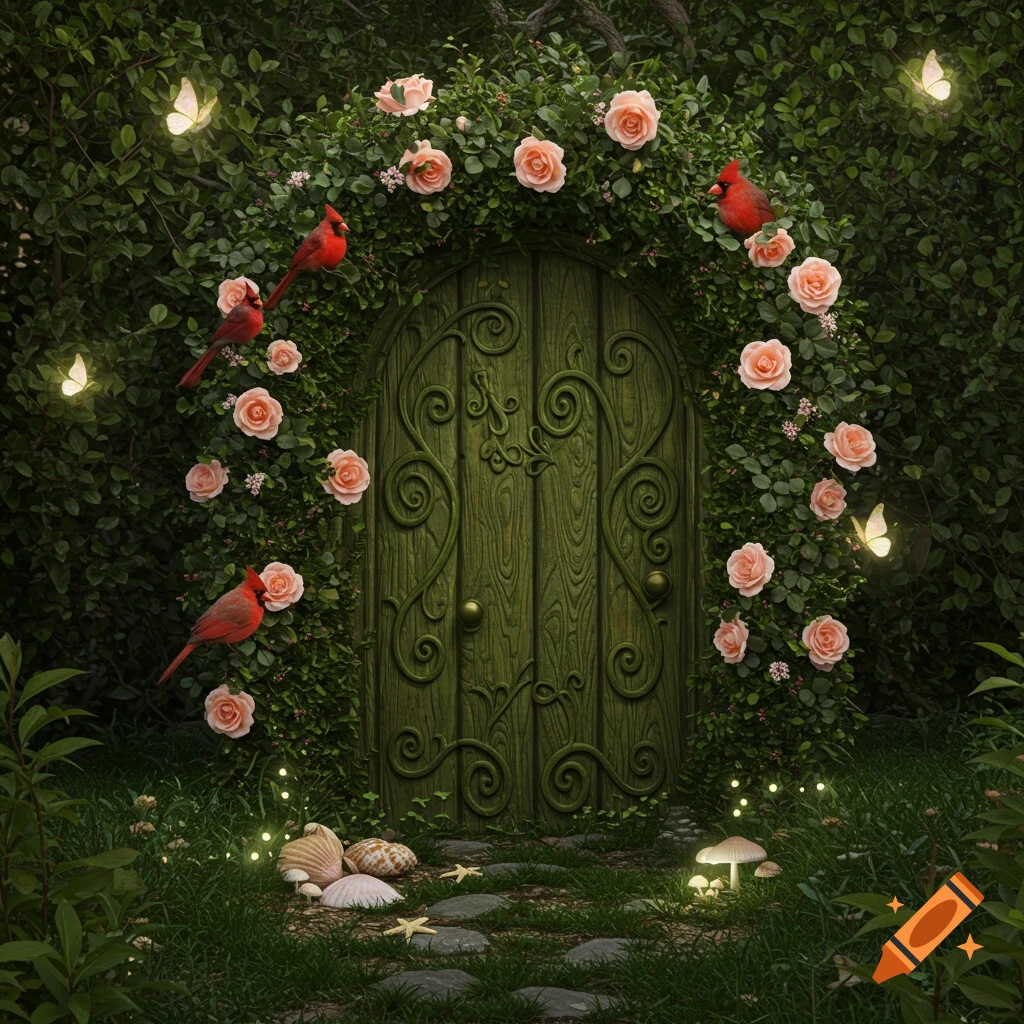 An elaborate green fairy door adorned with pink roses, red cardinals, and glowing butterflies in a lush forest with mushrooms and seashells at its base.