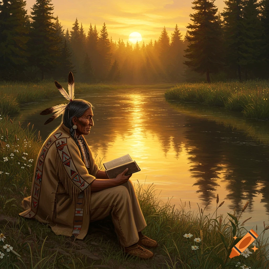 A Native American man sits by a river at sunset, reading a book.