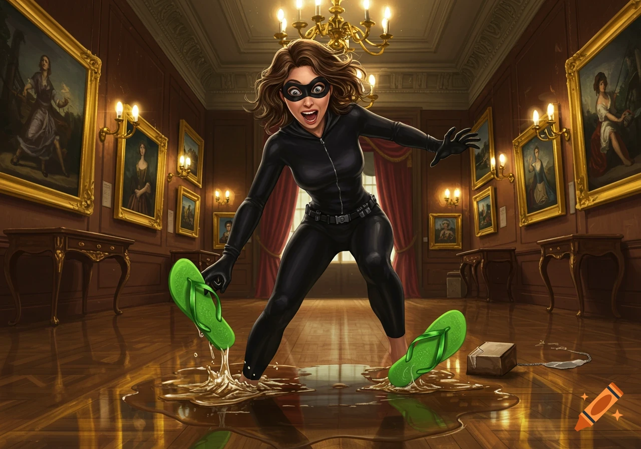 A surprised female burglar in a black catsuit and mask has her green flip-flops stuck in glue on a museum floor.