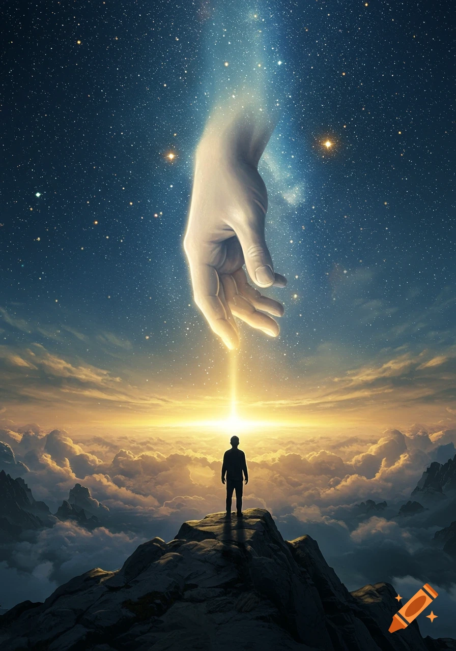 A silhouetted person on a mountain peak looks up at a giant hand reaching from a starry sky with a beam of light, above clouds.