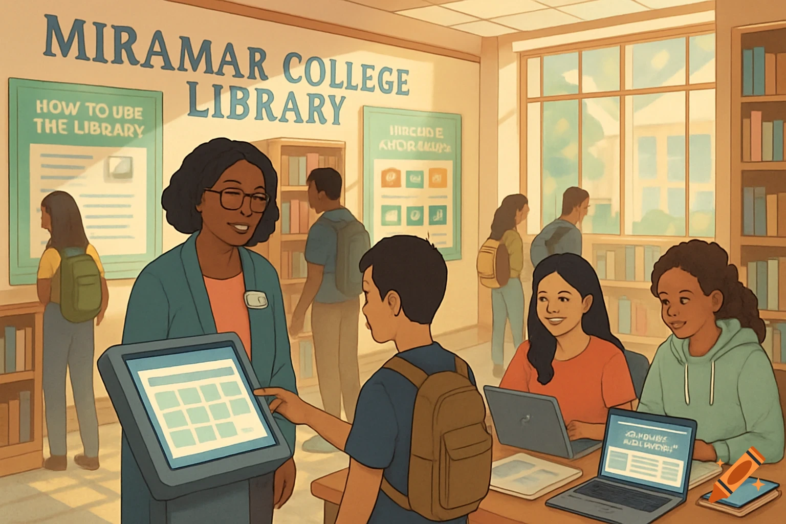 A diverse group of students and an adult staff member interact in a bright, cartoon-style college library, with signs and computers.