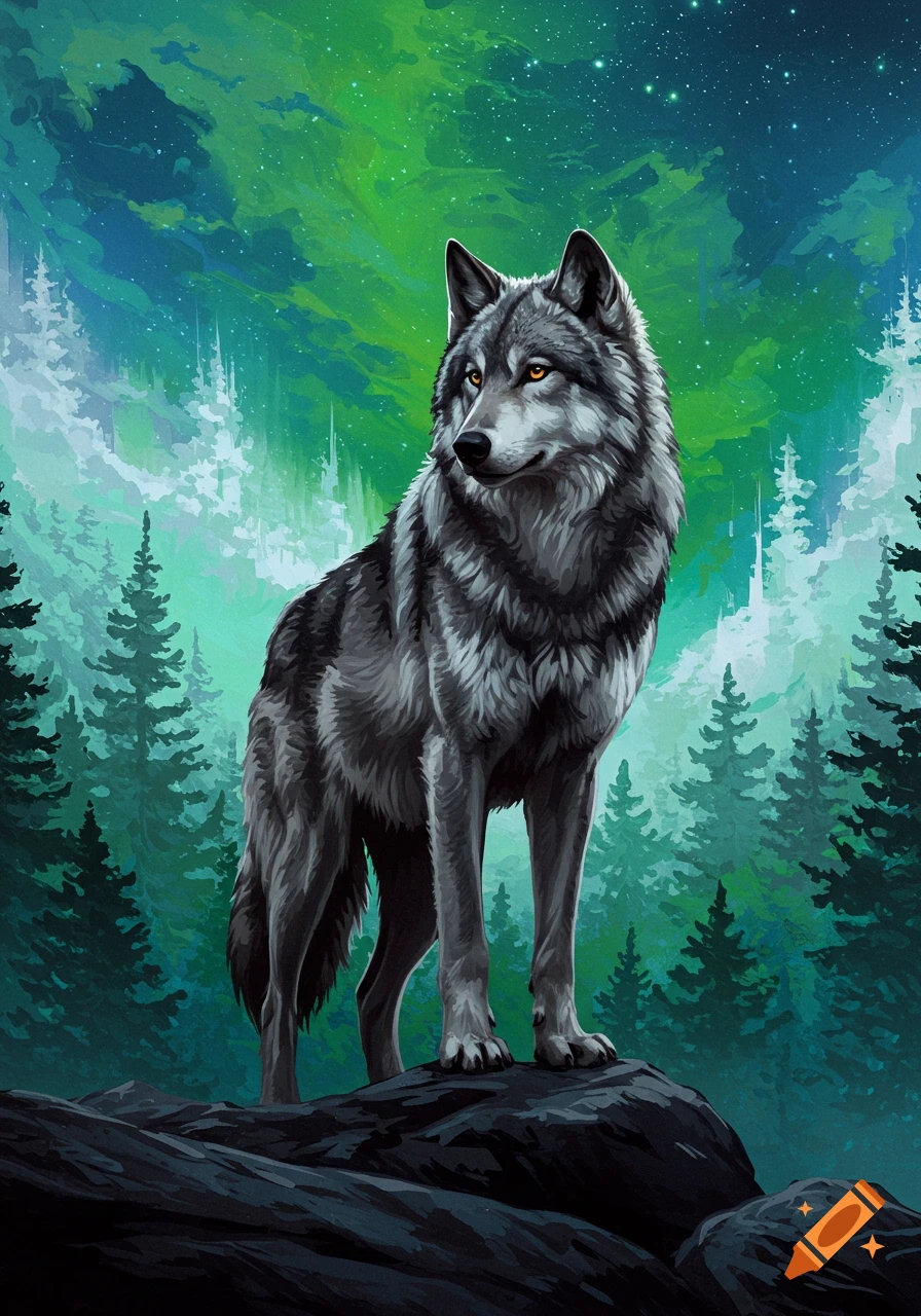 A grey wolf stands on a dark rock in a forest under a green and blue aurora borealis sky, in a contemporary painting style.