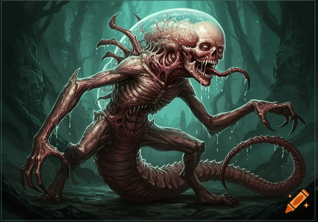 A grotesque, multi-limbed monster with a translucent skull, exposed muscles, dripping fluids, and a long tail, in a dark, swampy forest.