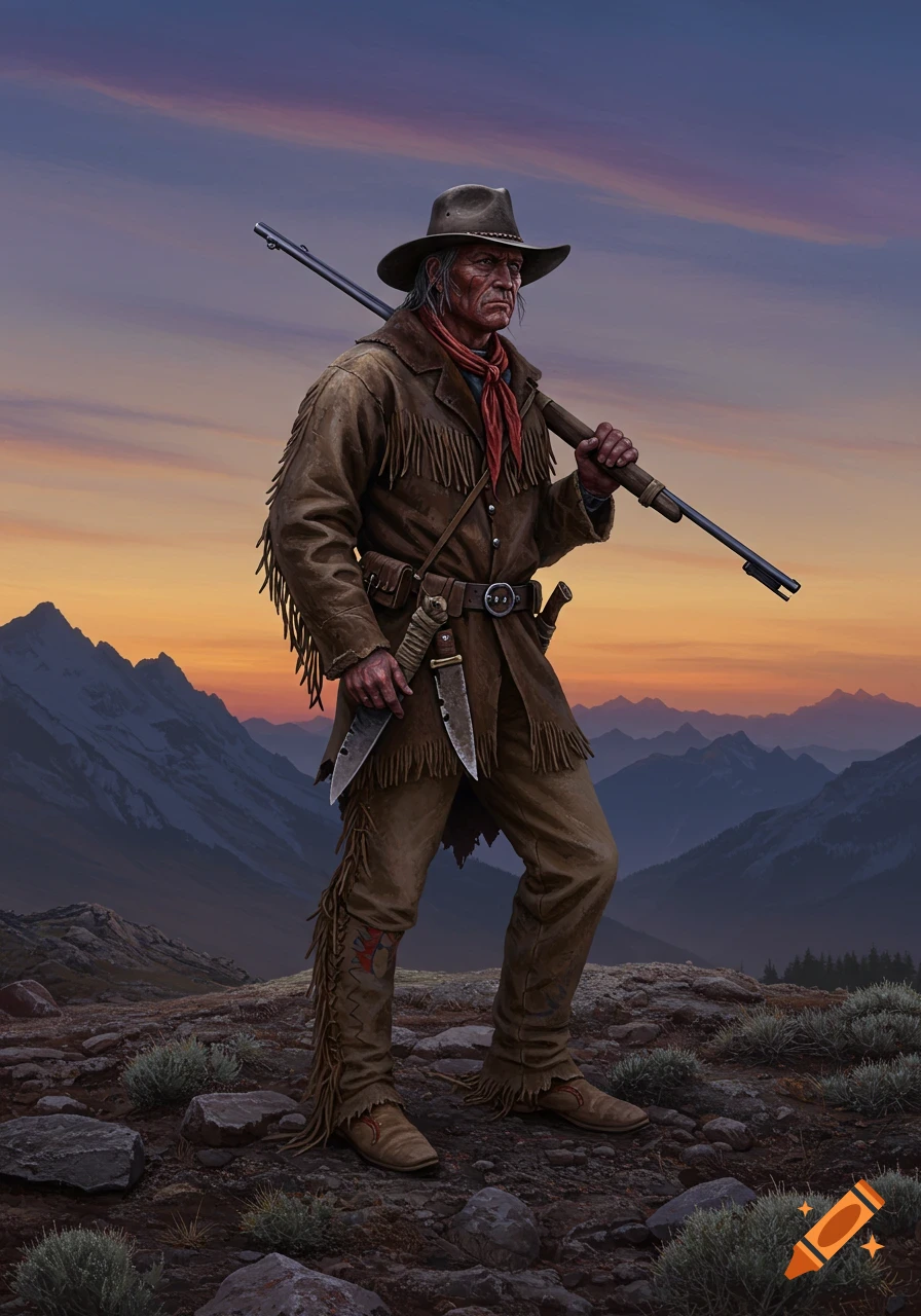 A weather-beaten mountain man with a rifle and knives stands on a ridgeline at sunset, mountains in the background, in a Western oil painting style.