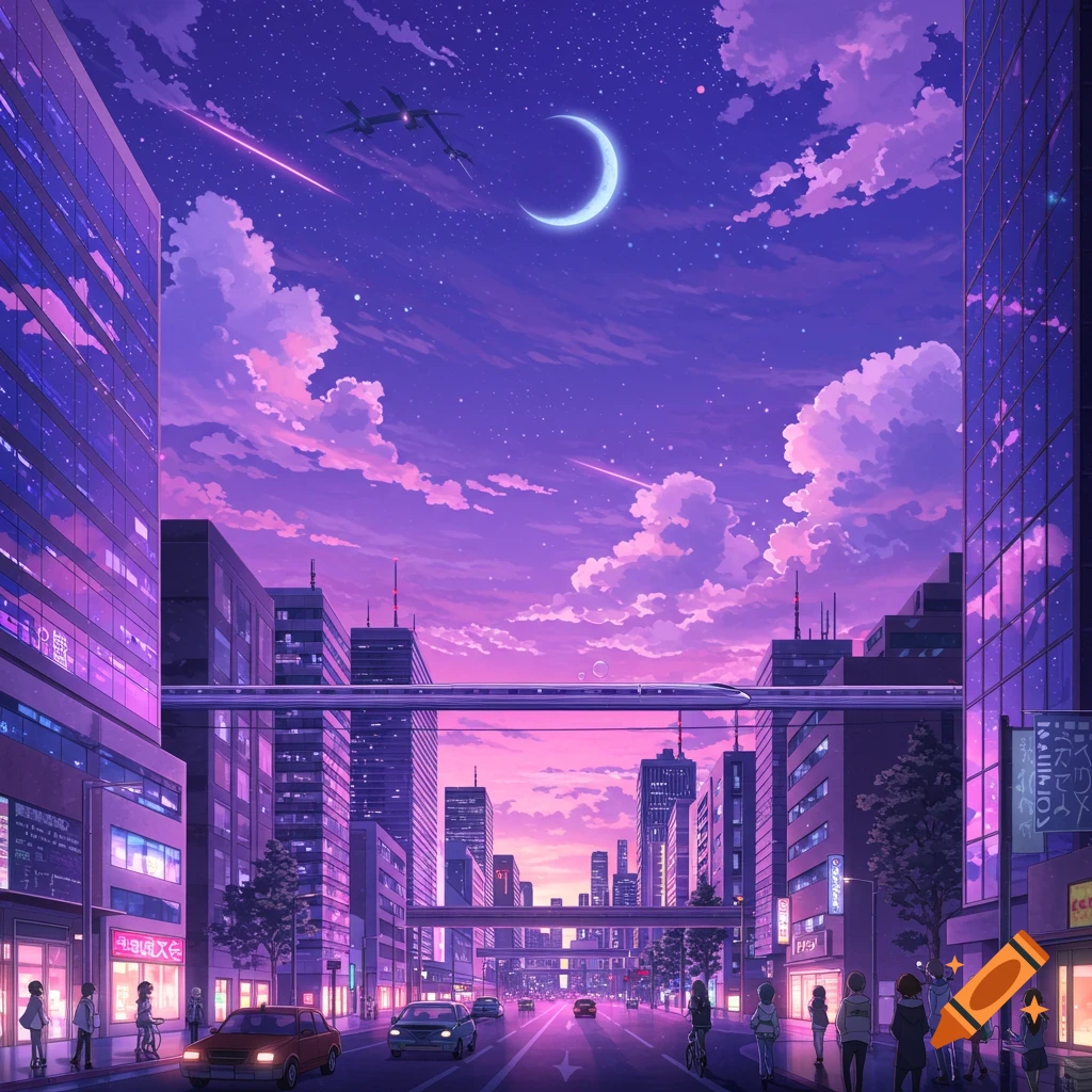 Anime cityscape at night with purple sky, crescent moon, monorail, illuminated buildings, cars, and people on the street.