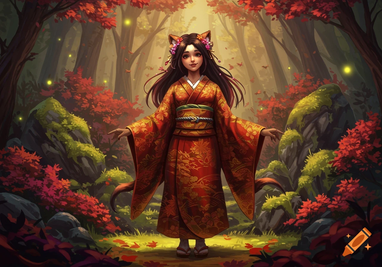 A woman with tanuki ears and tail in a red kimono stands in a vibrant autumn forest.