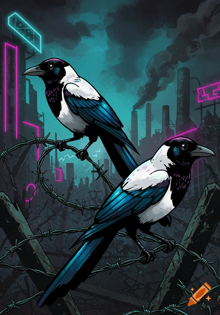 Two magpies on barbed wire in a dark, dystopian cityscape with neon lights and factory smoke, in a stylized comic book illustration.