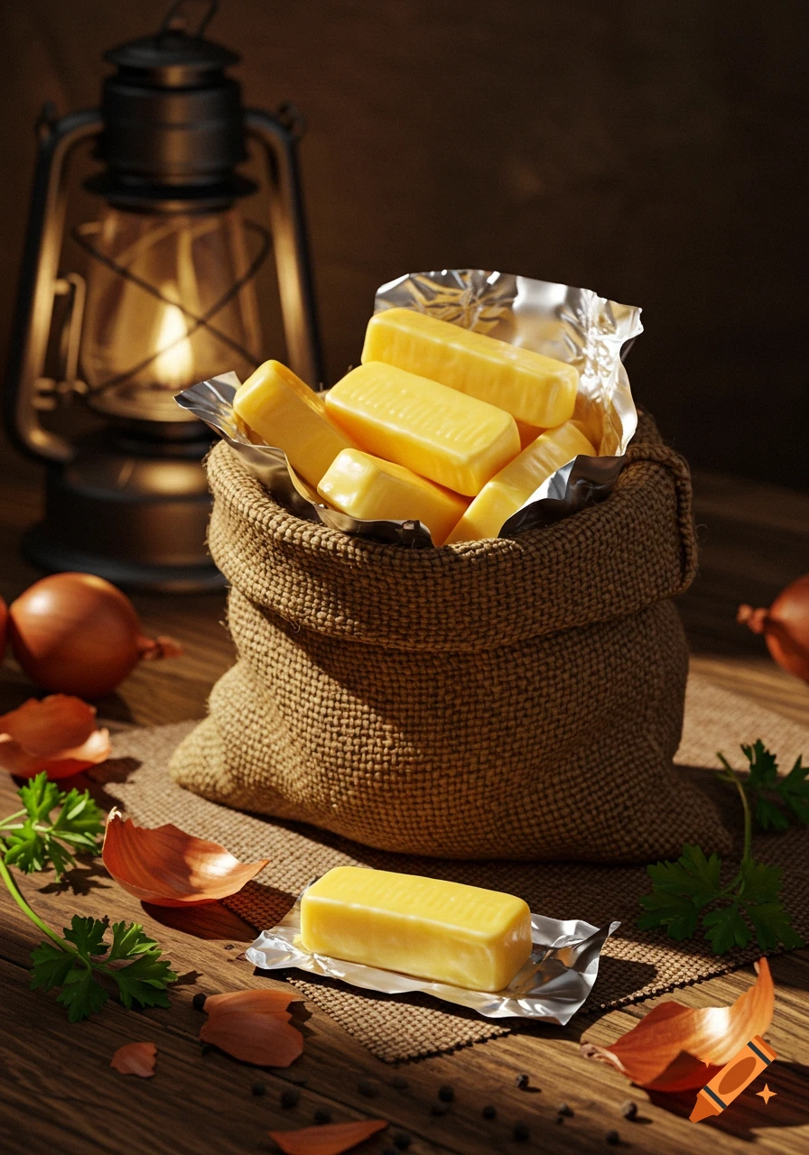 Burlap sack filled with butter sticks, one on foil, with a lantern, onions, and parsley on a wooden table.