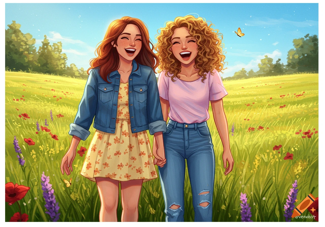 Two happy girls hold hands walking through a sunny field of wildflowers in a vibrant cartoon style.