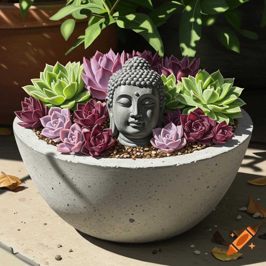 A photorealistic image of a gray concrete bowl filled with a serene Buddha head statue surrounded by vibrant green, pink, and red succulents.