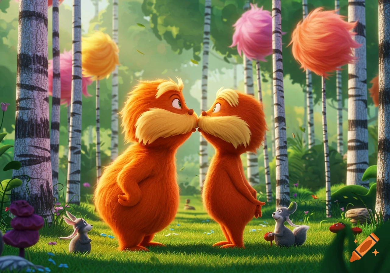 Two orange, furry creatures with large mustaches kiss in a vibrant, animated forest with tall trees and colorful, fuzzy Truffula Trees.