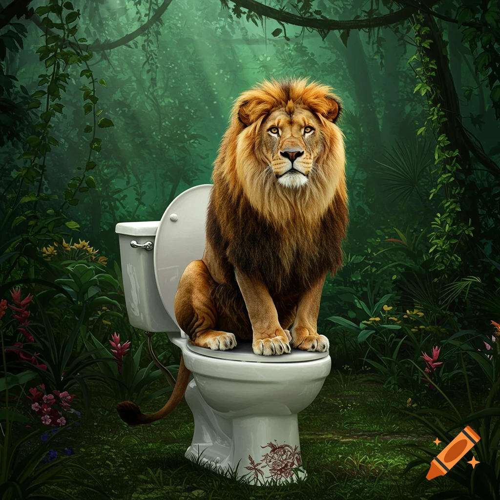 A photorealistic lion sits on a white toilet in a lush green jungle.