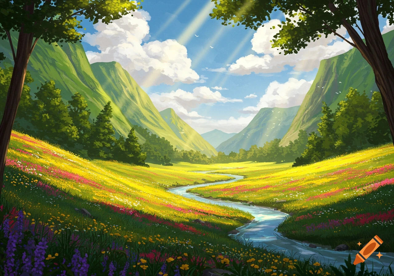 A vibrant digital painting of a sunlit valley with a winding river, green mountains, forests, and fields of colorful wildflowers.