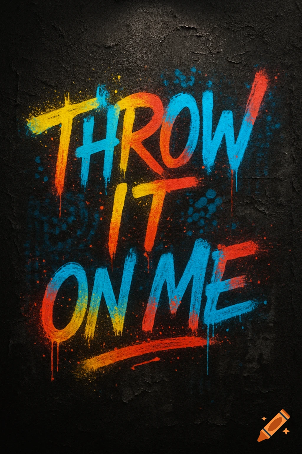 Colorful graffiti art reading 'THROW IT ON ME' on a rough dark background.