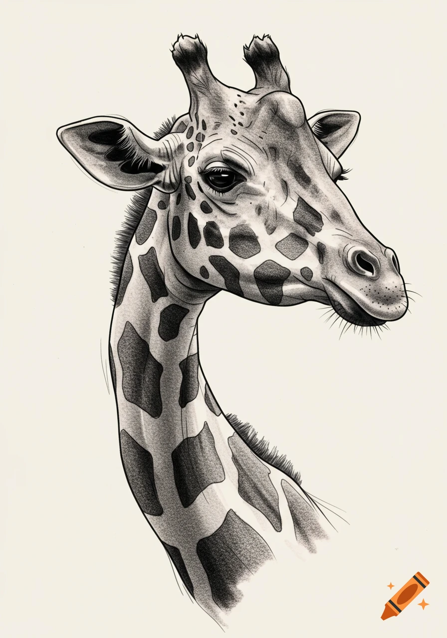 Detailed black and grey tattoo-style illustration of a giraffe's head and long neck, looking sideways.