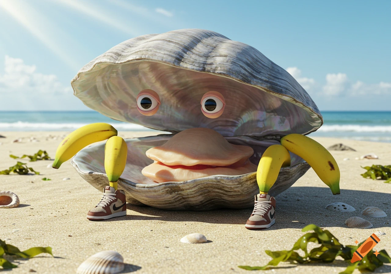 A photorealistic anthropomorphic clam with googly eyes, banana limbs, and brown Nike sneakers, sitting on a sunny beach.