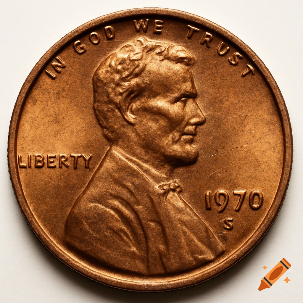 A close-up, photorealistic image of a 1970 American penny with Abraham Lincoln's profile.