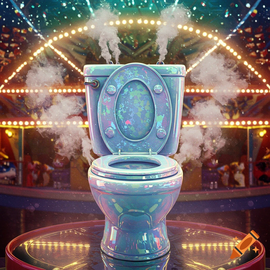 A vibrant, iridescent blue toilet with an open lid emits steam, centered on a reflective platform against a blurred background of warm carnival lights.