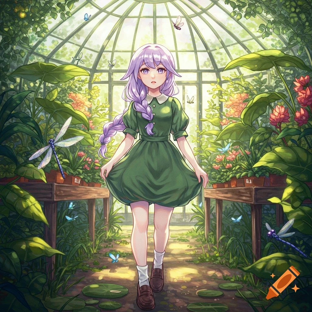 An anime girl with long purple braided hair in a green dress stands in a vibrant greenhouse filled with lush plants, butterflies, and dragonflies.