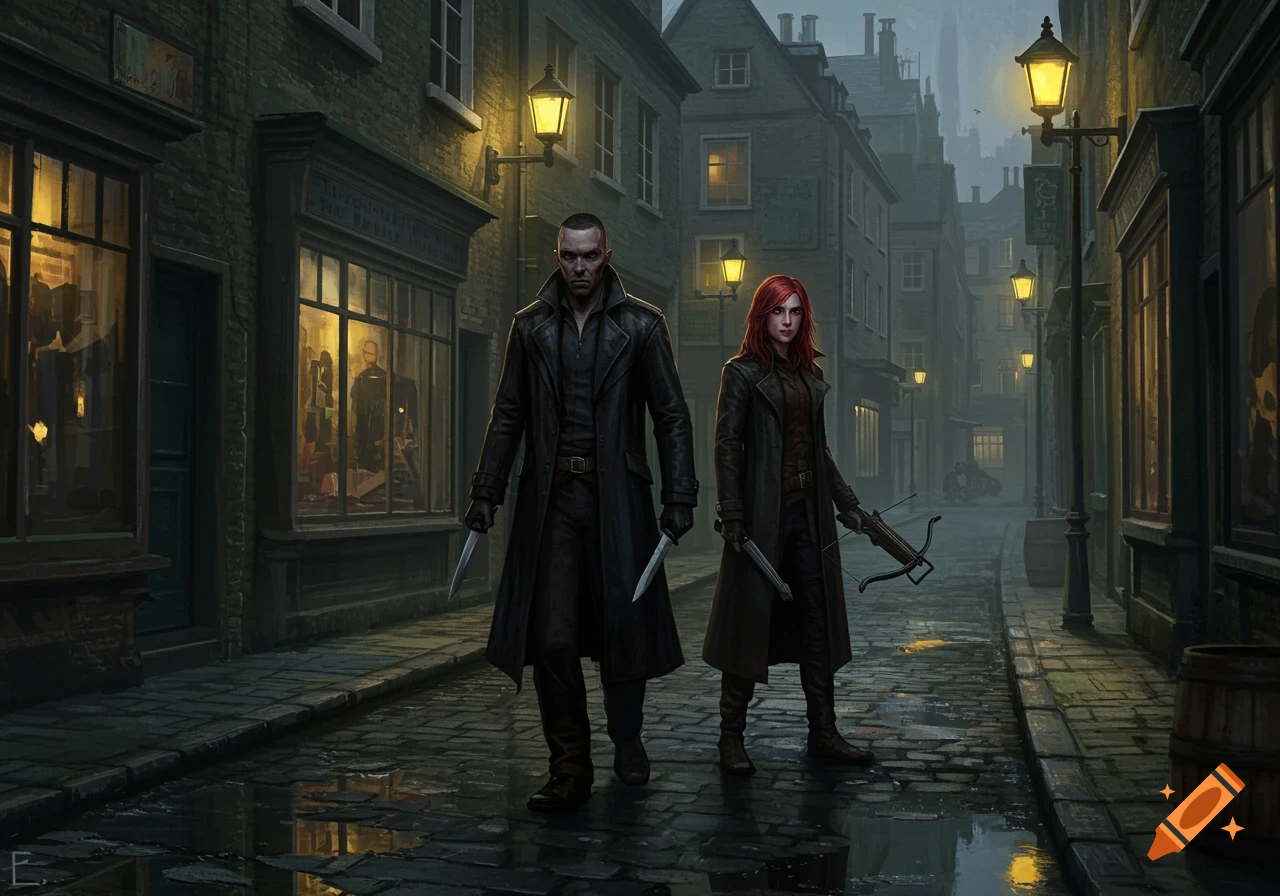 A man with knives and a red-haired woman with a crossbow walk down a wet, gaslit cobblestone street at night.