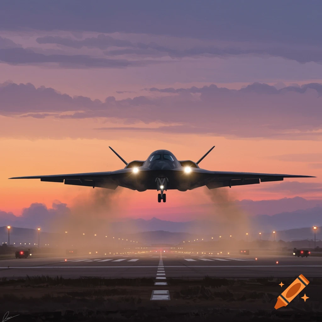 A dark, futuristic stealth bomber takes off from a runway at sunset, with glowing headlights and exhaust smoke.