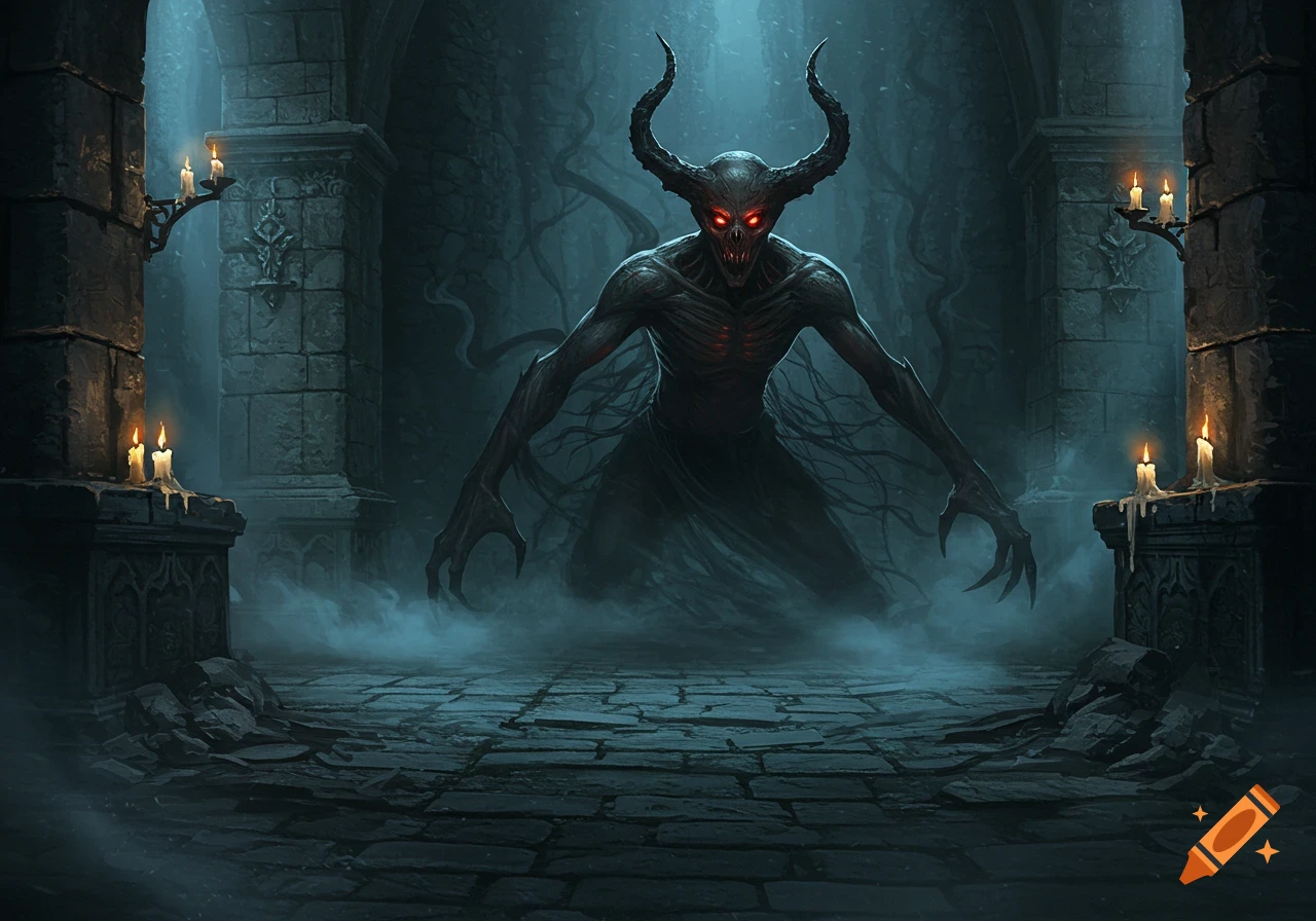 A menacing horned demon with glowing red eyes stands in a misty, ruined stone archway, illuminated by candlelight in dark fantasy art style.