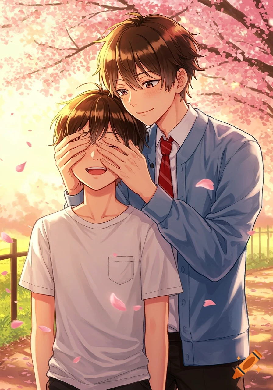 Two anime boys under cherry blossom trees, one covering the other's eyes from behind.