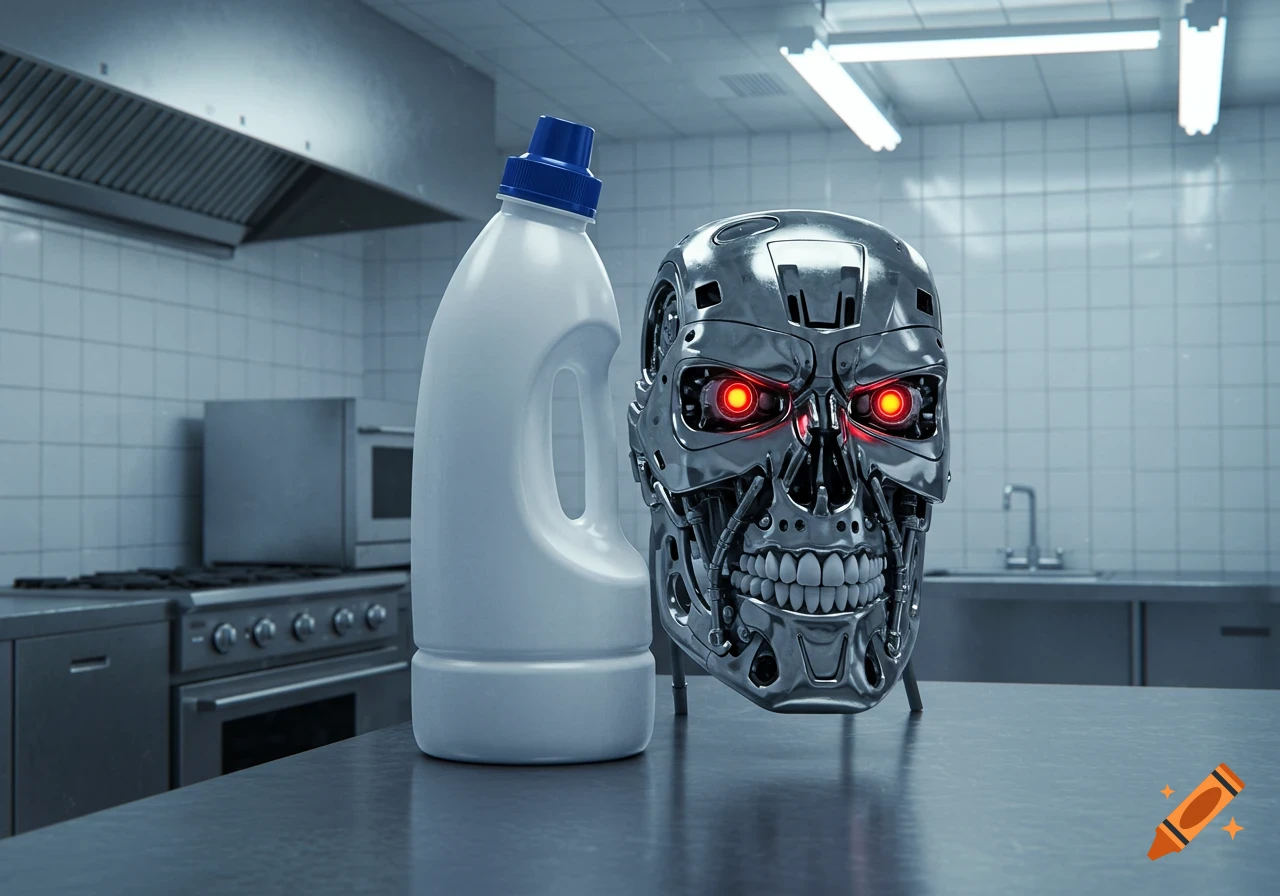 A photorealistic image of a white bleach bottle next to a metallic Terminator head with glowing red eyes on a stainless steel kitchen counter.