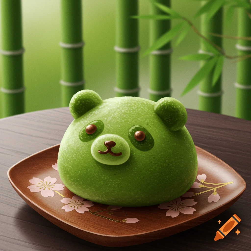 Green panda-shaped matcha mochi on a wooden plate with pink cherry blossoms, set against a bamboo background.