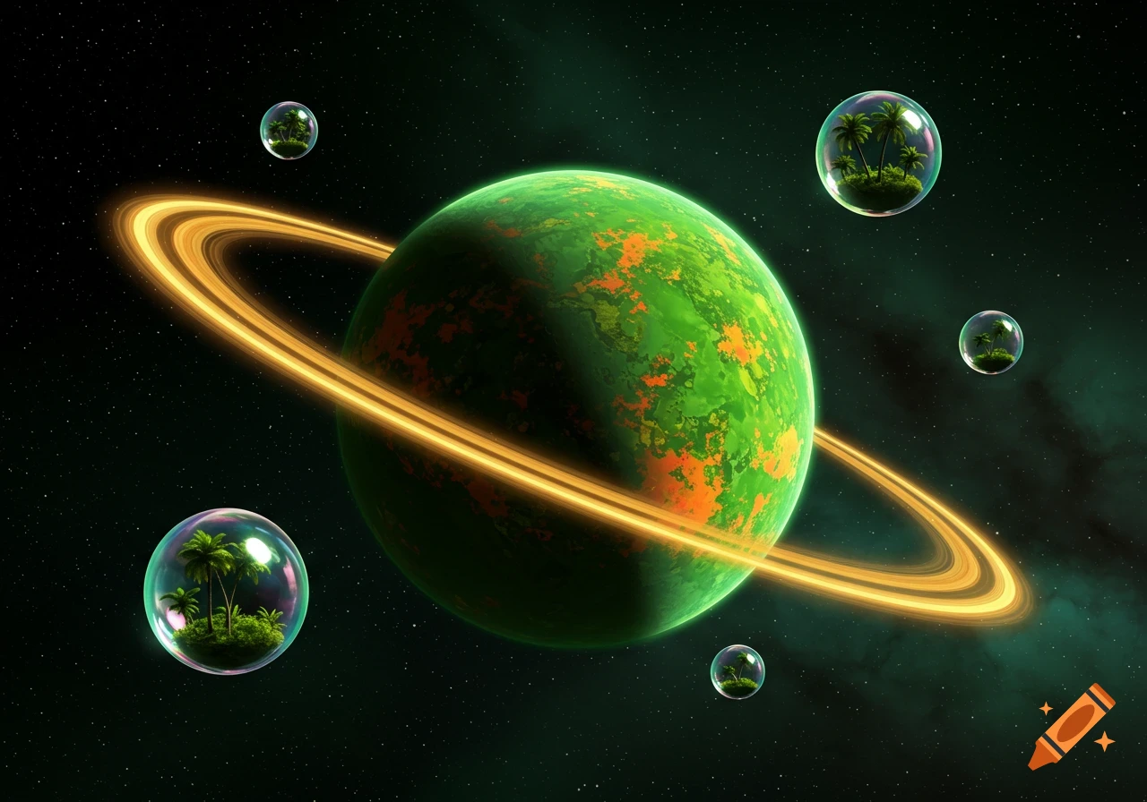 A vibrant green planet with shiny golden rings and orange splotches floats in space, surrounded by bubbles containing miniature palm tree islands.