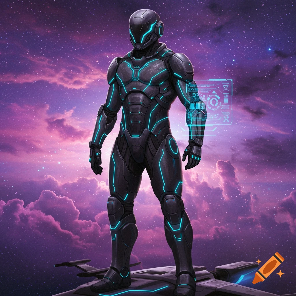 A futuristic armored space soldier with glowing blue accents stands on a spacecraft in a purple, star-filled nebula.